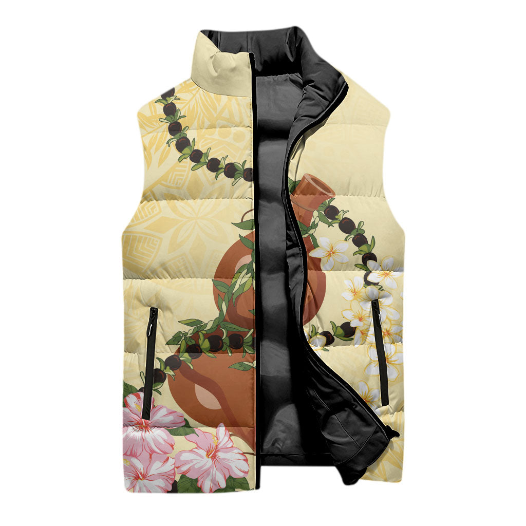 Aloha Hawaii Ipu Gourd Mix Kukui Nut Lei Sleeveless Puffer Jacket Lemon Yellow LT7 - Polynesian Pride