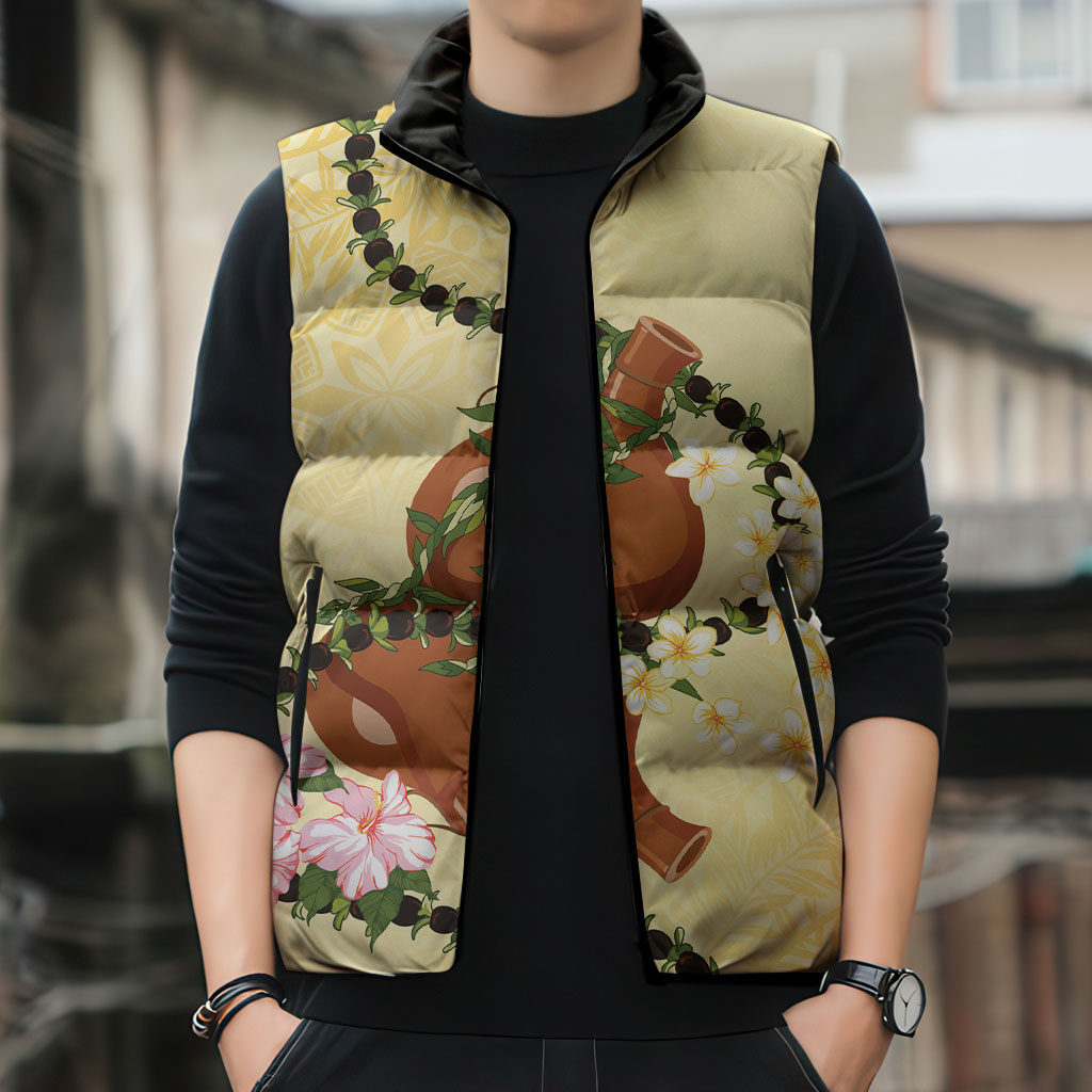 Aloha Hawaii Ipu Gourd Mix Kukui Nut Lei Sleeveless Puffer Jacket Lemon Yellow LT7 - Polynesian Pride
