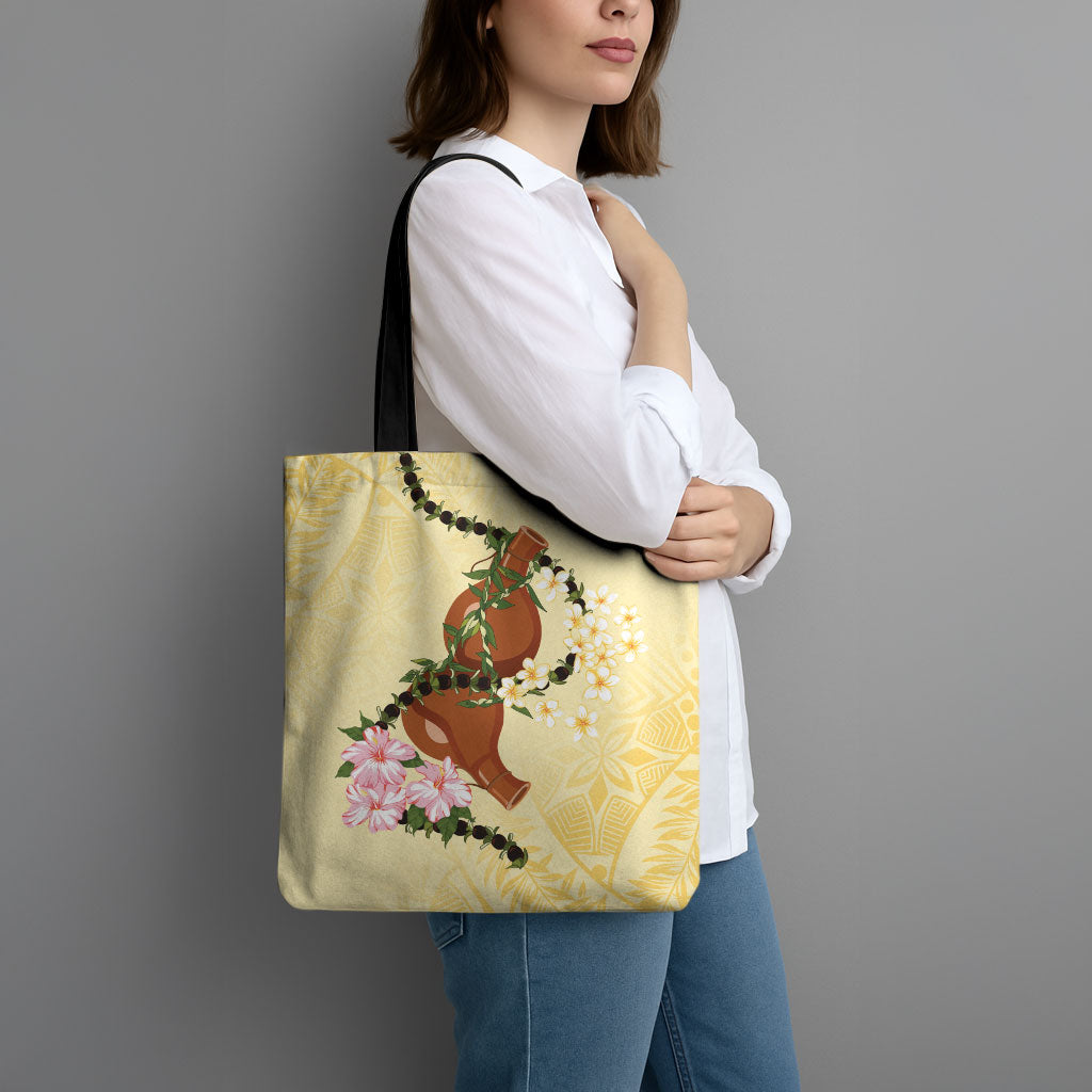 Aloha Hawaii Ipu Gourd Mix Kukui Nut Lei Tote Bag Lemon Yellow LT7 - Polynesian Pride