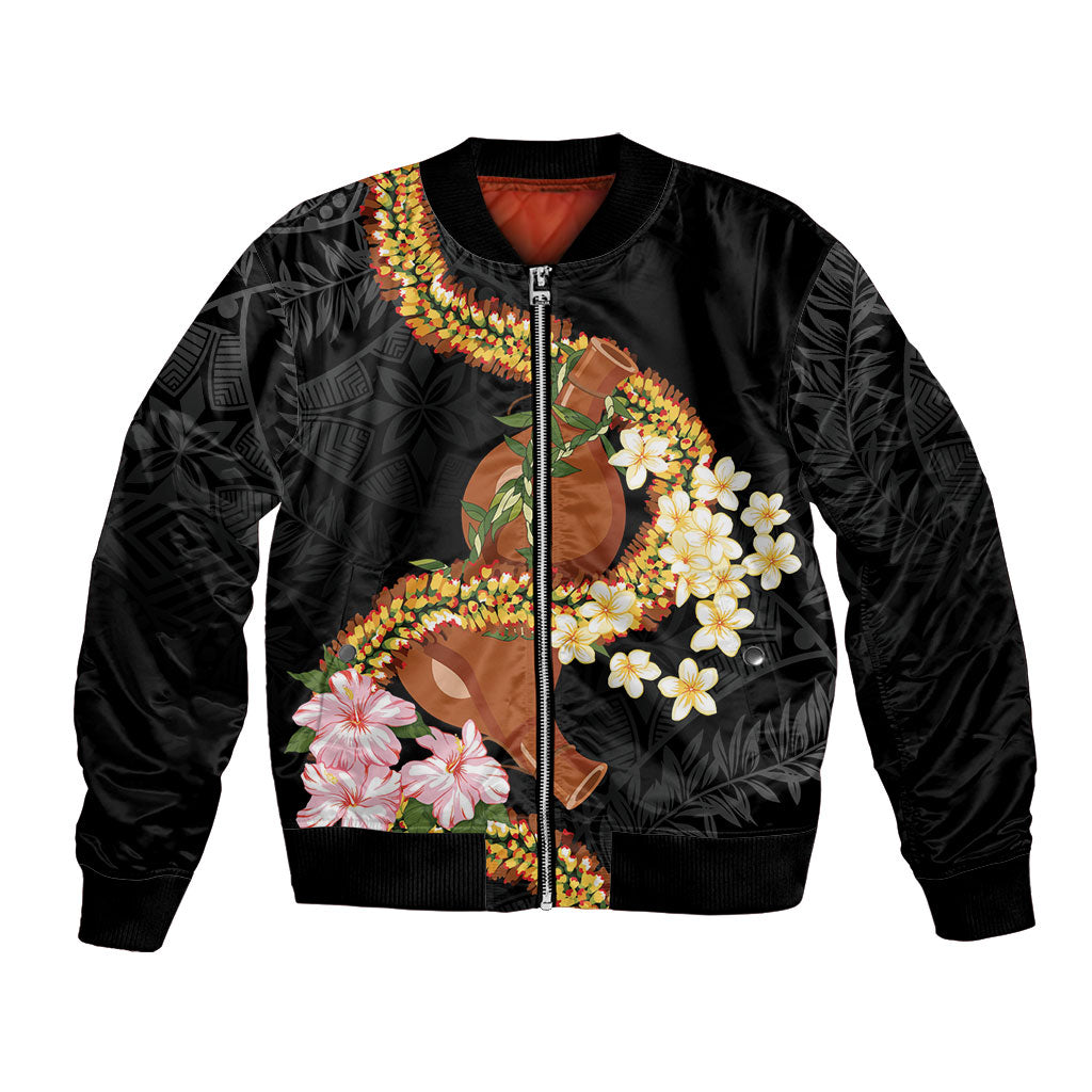 Aloha Hawaii Ipu Gourd Mix ʻĀkulikuli Lei Bomber Jacket Obsidian Black LT7 Unisex Obsidian Black - Polynesian Pride