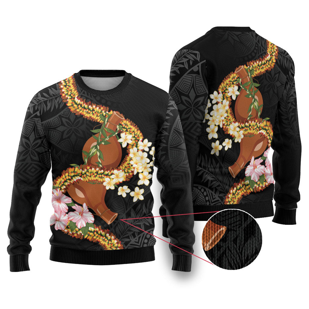 Aloha Hawaii Ipu Gourd Mix ʻĀkulikuli Lei Ugly Christmas Sweater Obsidian Black LT7 Obsidian Black - Polynesian Pride