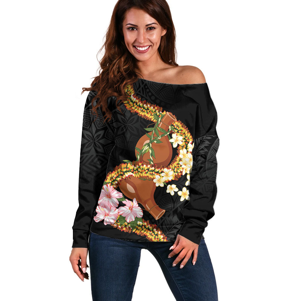 Aloha Hawaii Ipu Gourd Mix ʻĀkulikuli Lei Off Shoulder Sweater Obsidian Black LT7 Women Obsidian Black - Polynesian Pride