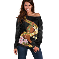 Aloha Hawaii Ipu Gourd Mix ʻĀkulikuli Lei Off Shoulder Sweater Obsidian Black LT7 Women Obsidian Black - Polynesian Pride