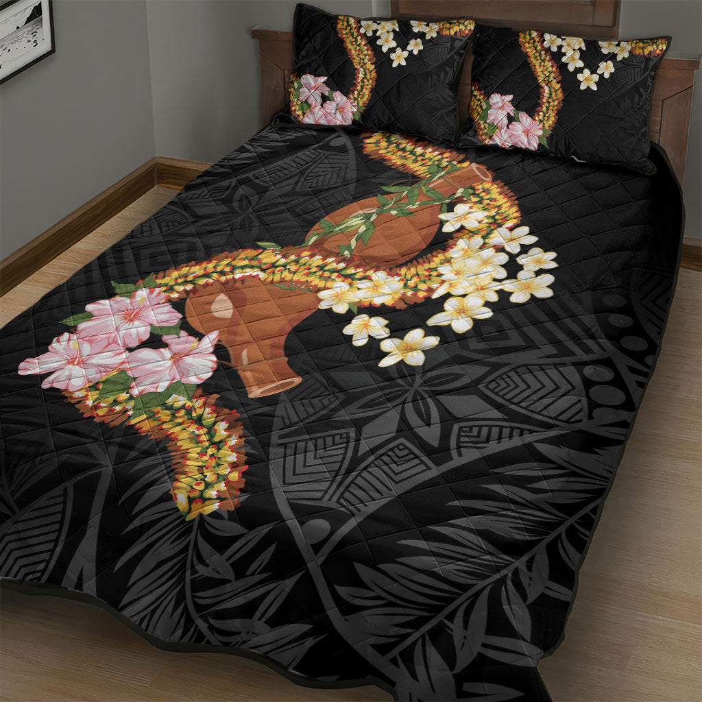 Aloha Hawaii Ipu Gourd Mix ʻĀkulikuli Lei Quilt Bed Set Obsidian Black LT7 - Polynesian Pride