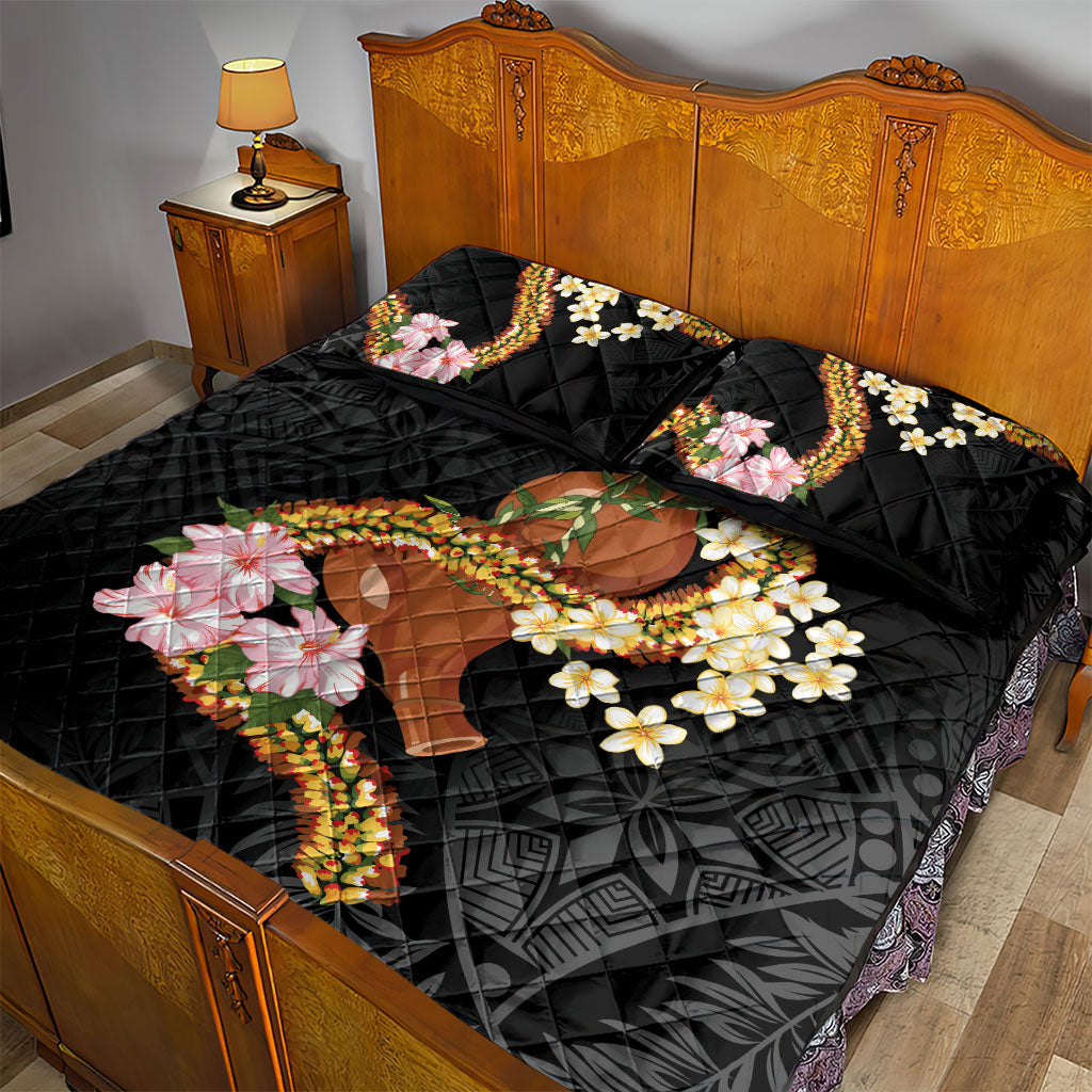 Aloha Hawaii Ipu Gourd Mix ʻĀkulikuli Lei Quilt Bed Set Obsidian Black LT7 - Polynesian Pride