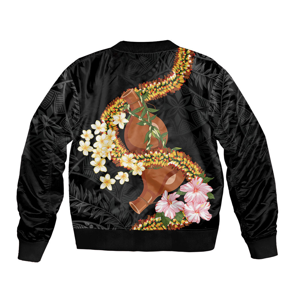 Aloha Hawaii Ipu Gourd Mix ʻĀkulikuli Lei Sleeve Zip Bomber Jacket Obsidian Black LT7 - Polynesian Pride
