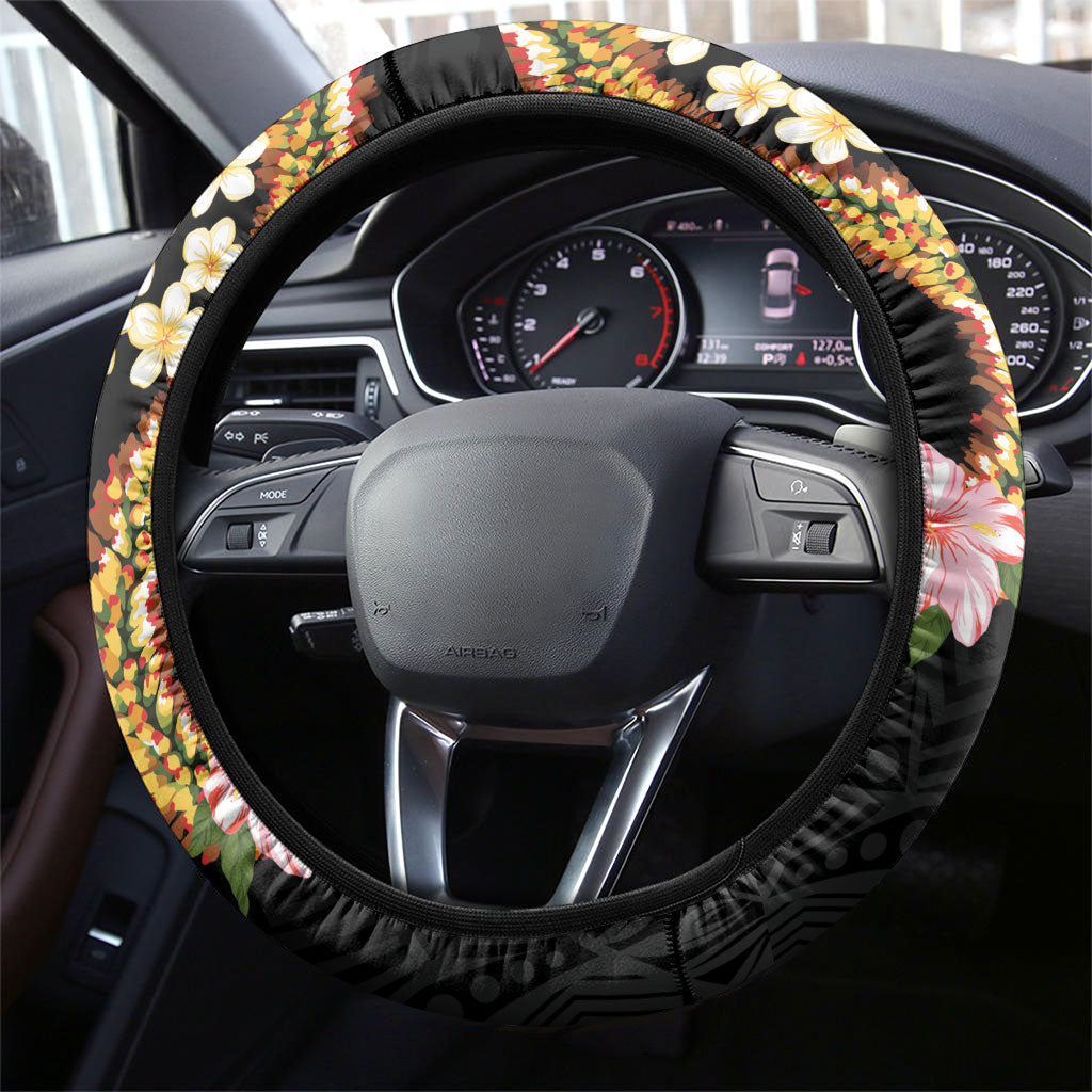 Aloha Hawaii Ipu Gourd Mix ʻĀkulikuli Lei Steering Wheel Cover Obsidian Black LT7 - Polynesian Pride