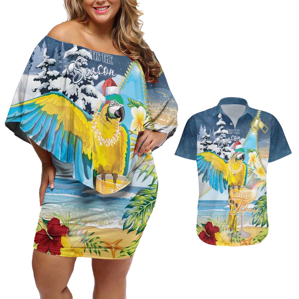 Funny Tropical Christmas Couples Matching Off Shoulder Short Dress and Hawaiian Shirt Tis The Season To Get Tipsy LT7 Colorful - Polynesian Pride