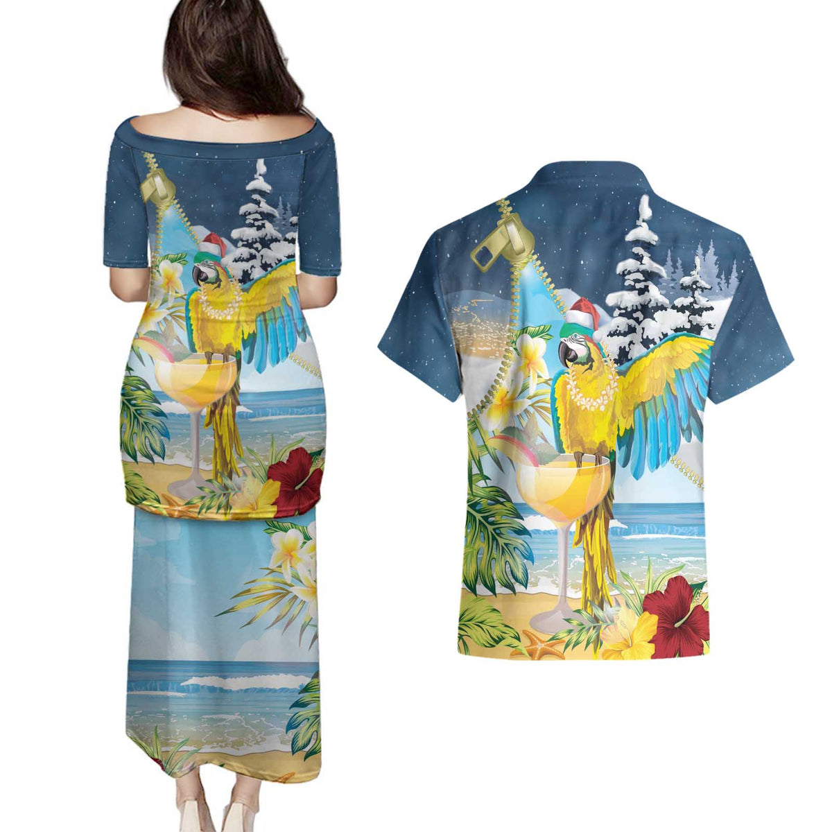Funny Tropical Christmas Couples Matching Puletasi and Hawaiian Shirt Tis The Season To Get Tipsy LT7 - Polynesian Pride