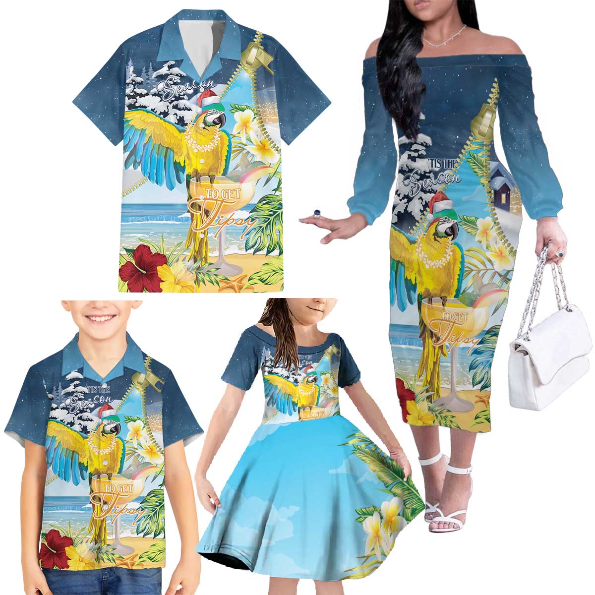 Funny Tropical Christmas Family Matching Off The Shoulder Long Sleeve Dress and Hawaiian Shirt Tis The Season To Get Tipsy LT7 - Polynesian Pride