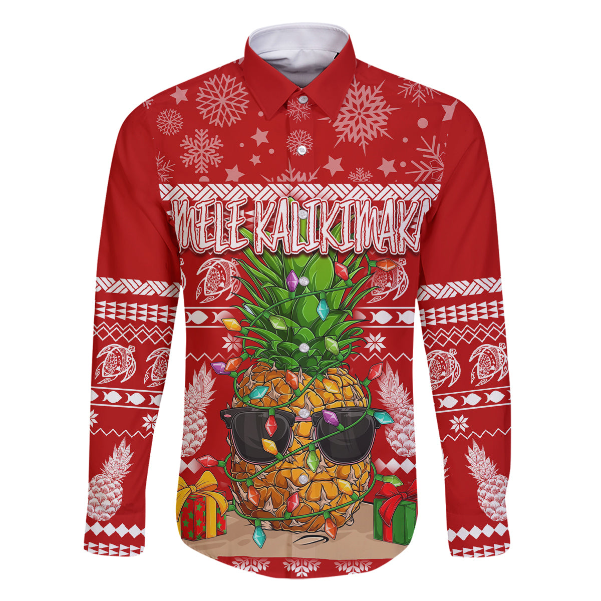 Hawaii Pineapple Christmas Family Matching Off Shoulder Long Sleeve Dress and Hawaiian Shirt Mele Kalikimaka LT7 Dad's Shirt - Long Sleeve Red - Polynesian Pride