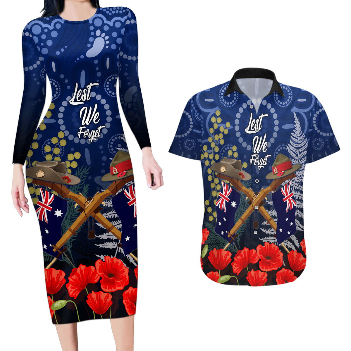 Anzac Couples Matching Long Sleeve Bodycon Dress and Hawaiian Shirt Australia Aboriginal Mix New Zealand Slouch Hats LT7 Blue - Polynesian Pride