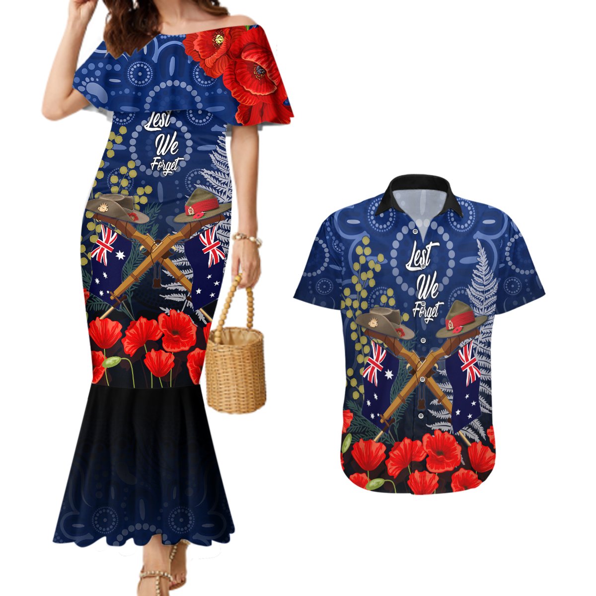 Anzac Couples Matching Mermaid Dress and Hawaiian Shirt Ausralia Aboriginal Mix New Zealand Slouch Hats LT7 Blue - Polynesian Pride