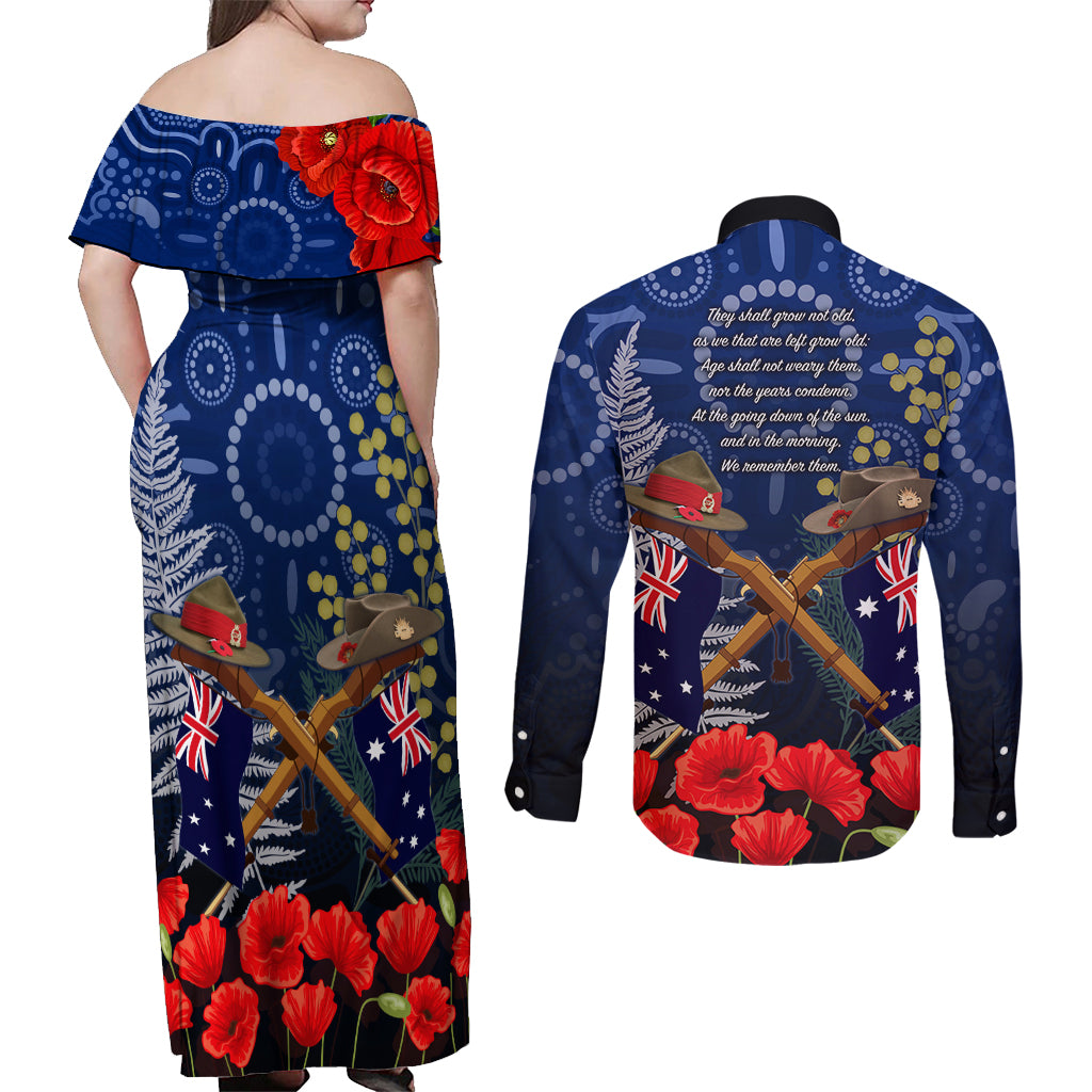 Anzac Couples Matching Off Shoulder Maxi Dress and Long Sleeve Button Shirt Australia Aboriginal Mix New Zealand Slouch Hats LT7 - Polynesian Pride