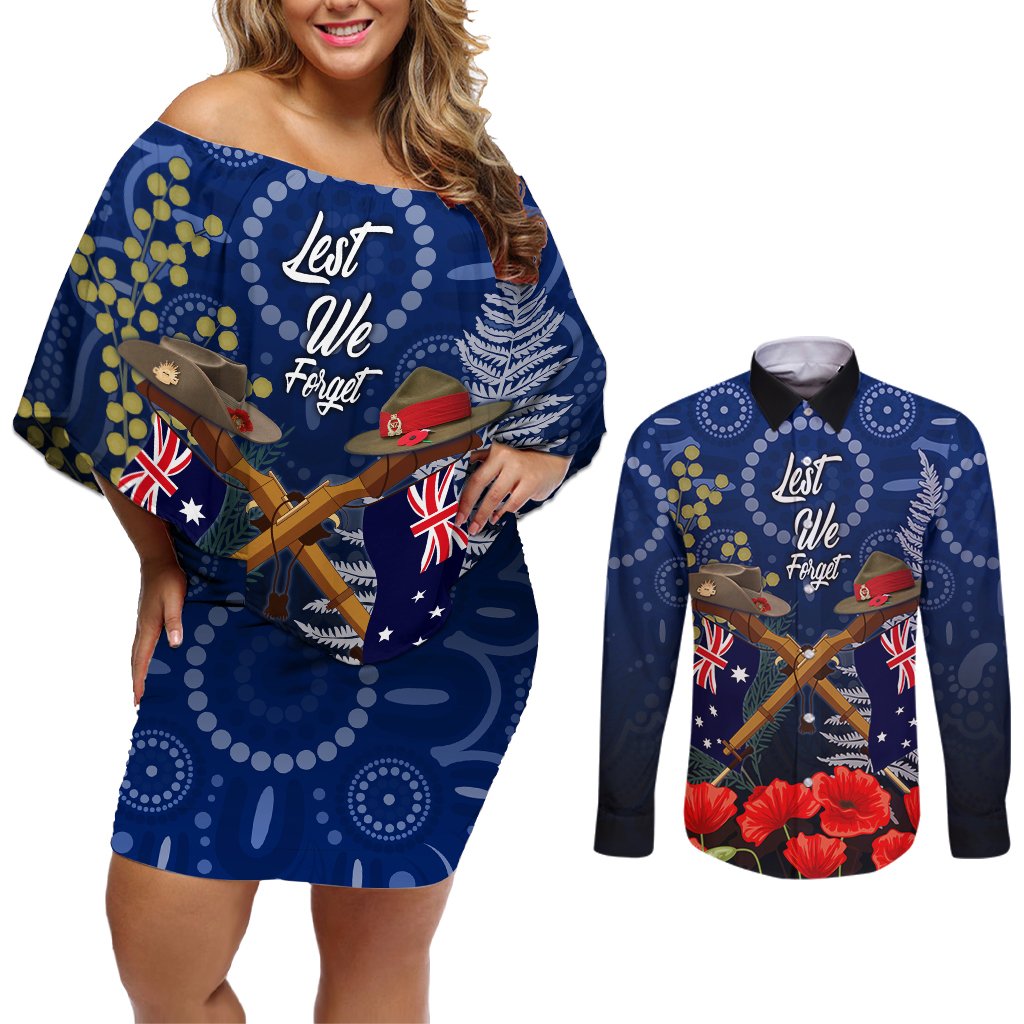 Anzac Couples Matching Off Shoulder Short Dress and Long Sleeve Button Shirt Ausralia Aboriginal Mix New Zealand Slouch Hats LT7 Blue - Polynesian Pride