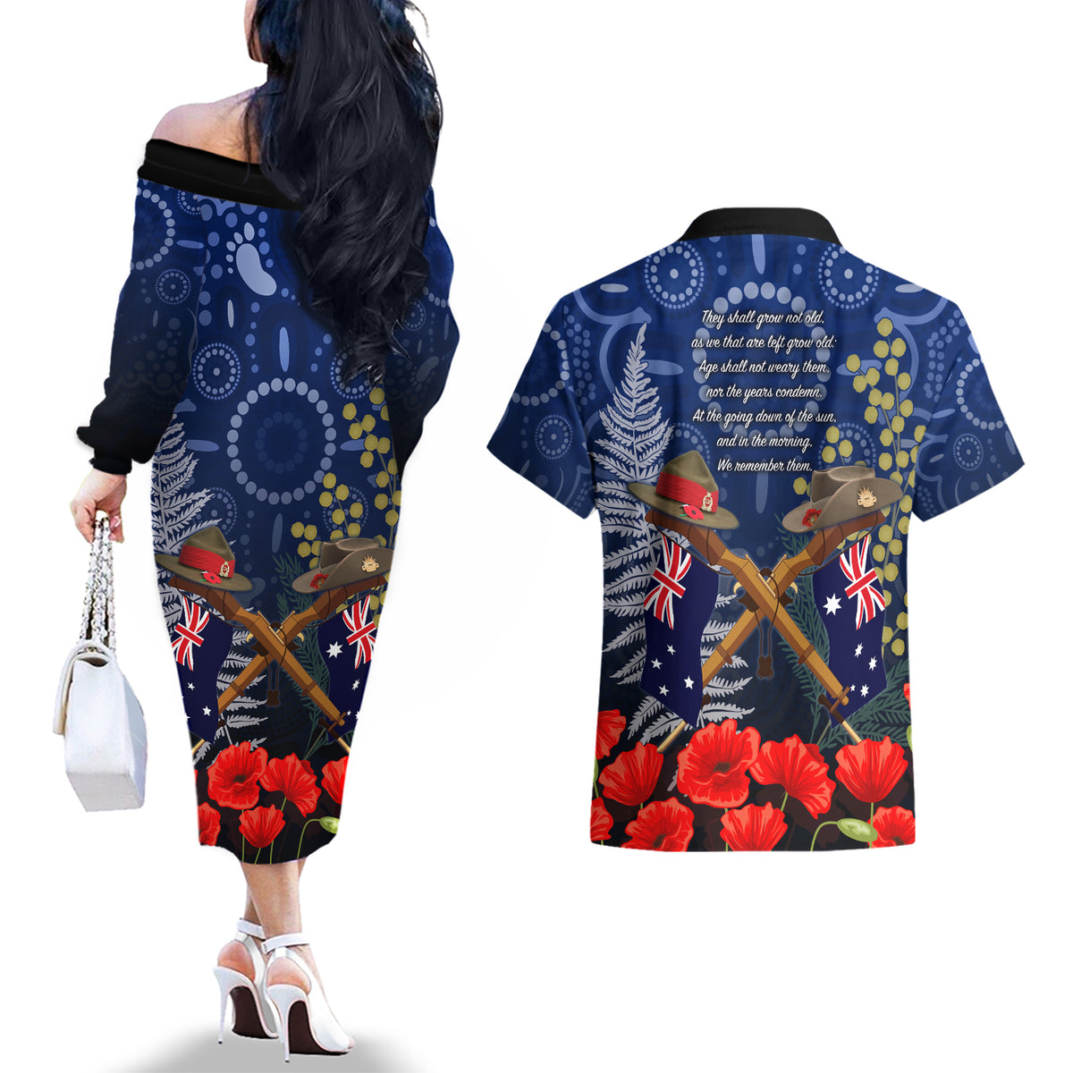 Anzac Couples Matching Off The Shoulder Long Sleeve Dress and Hawaiian Shirt Australia Aboriginal Mix New Zealand Slouch Hats LT7 - Polynesian Pride