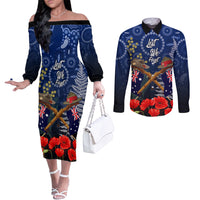 Anzac Couples Matching Off The Shoulder Long Sleeve Dress and Long Sleeve Button Shirt Australia Aboriginal Mix New Zealand Slouch Hats LT7 Blue - Polynesian Pride