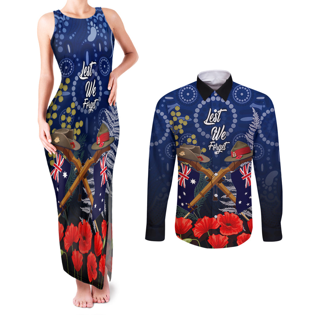 Anzac Couples Matching Tank Maxi Dress and Long Sleeve Button Shirt Ausralia Aboriginal Mix New Zealand Slouch Hats LT7 Blue - Polynesian Pride