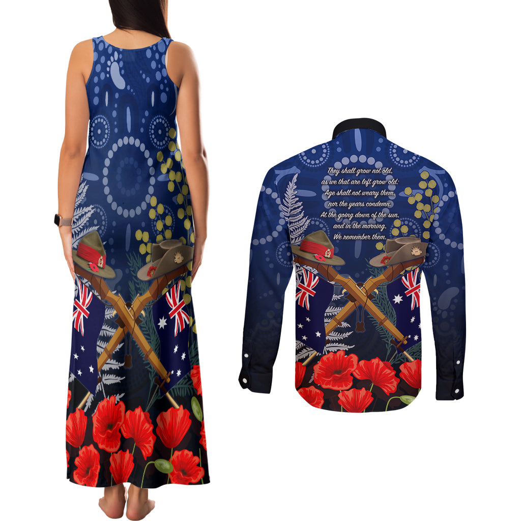 Anzac Couples Matching Tank Maxi Dress and Long Sleeve Button Shirt Australia Aboriginal Mix New Zealand Slouch Hats LT7 - Polynesian Pride