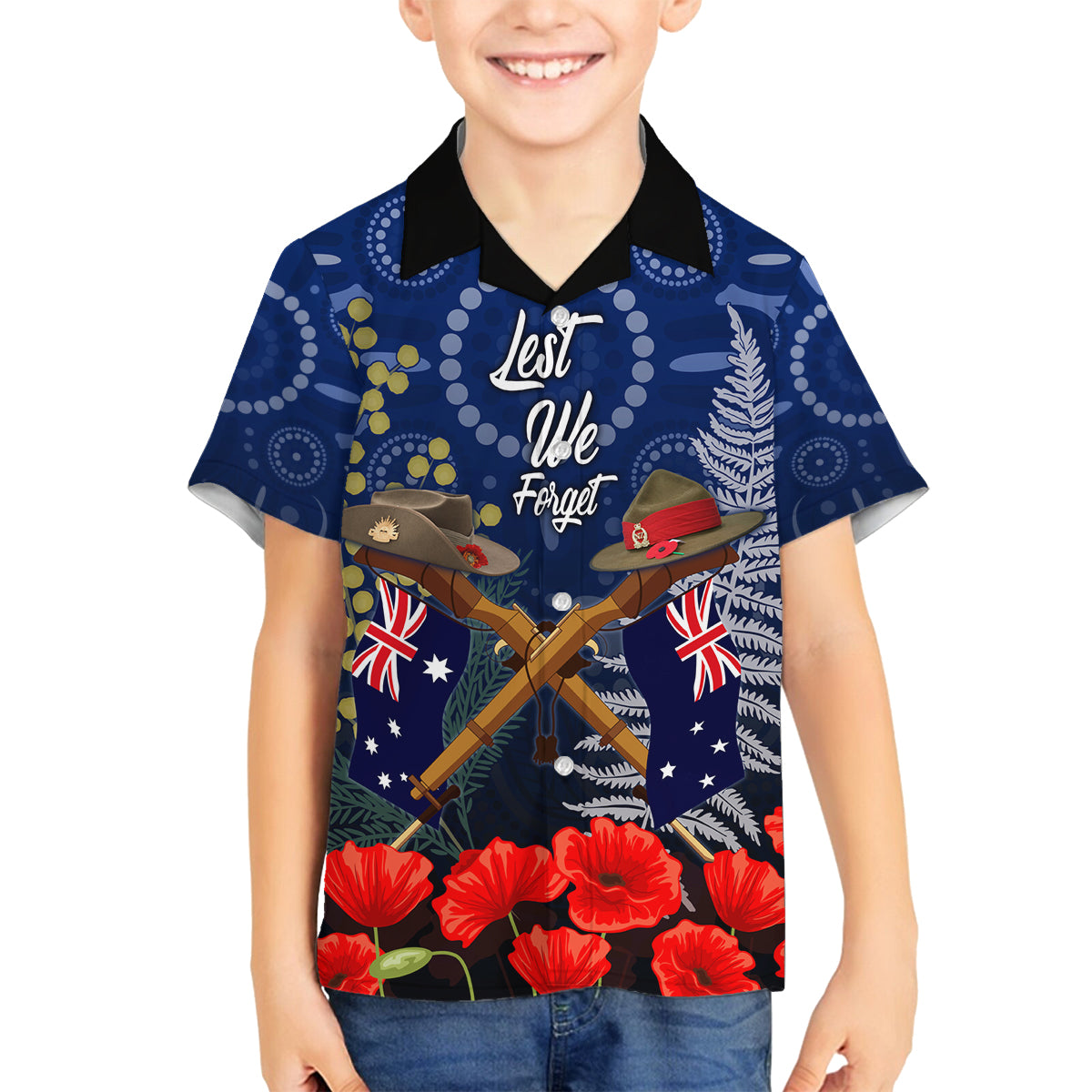 Anzac Family Matching Long Sleeve Bodycon Dress and Hawaiian Shirt Australia Aboriginal Mix New Zealand Slouch Hats LT7 Son's Shirt Blue - Polynesian Pride