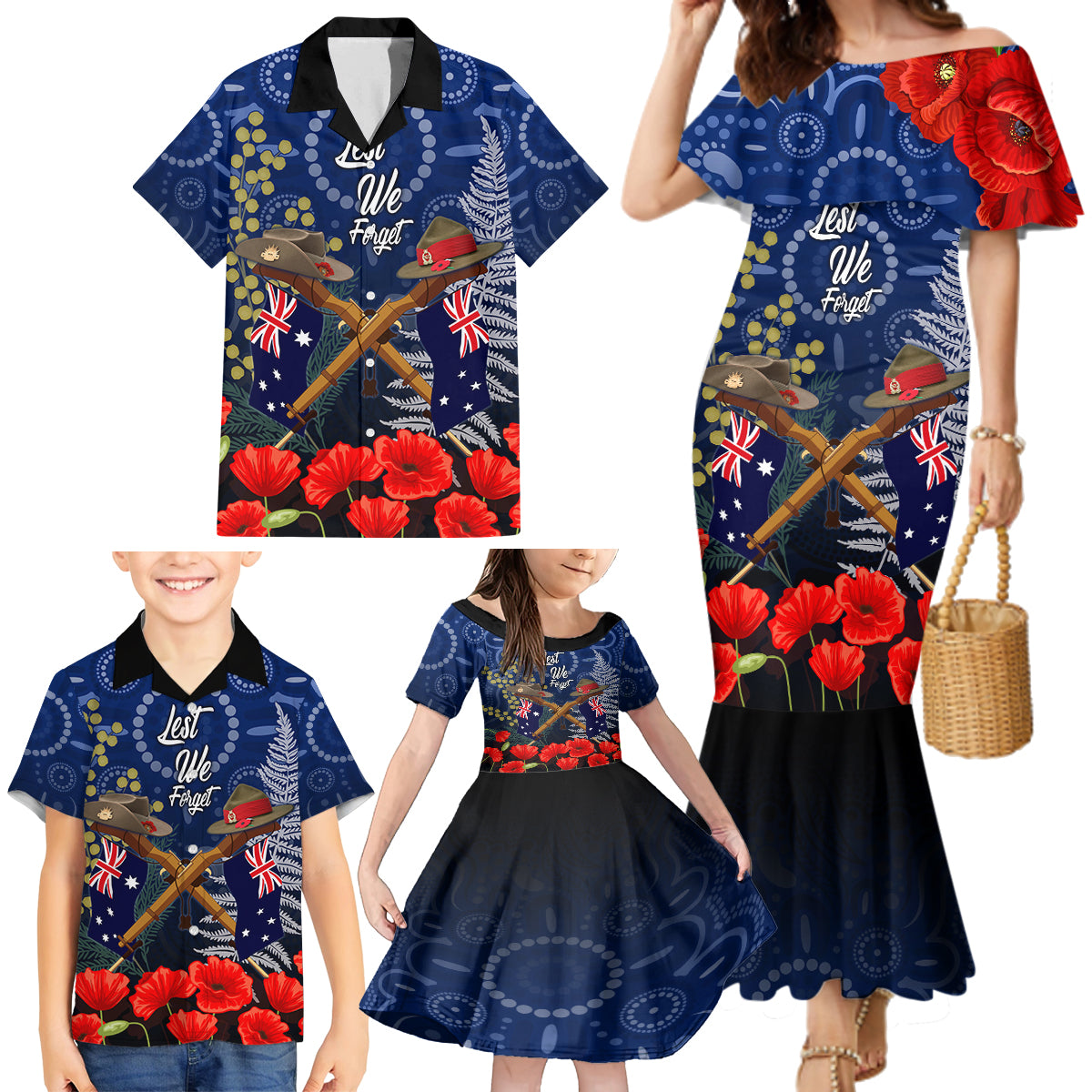 Anzac Family Matching Mermaid Dress and Hawaiian Shirt Australia Aboriginal Mix New Zealand Slouch Hats LT7 - Polynesian Pride
