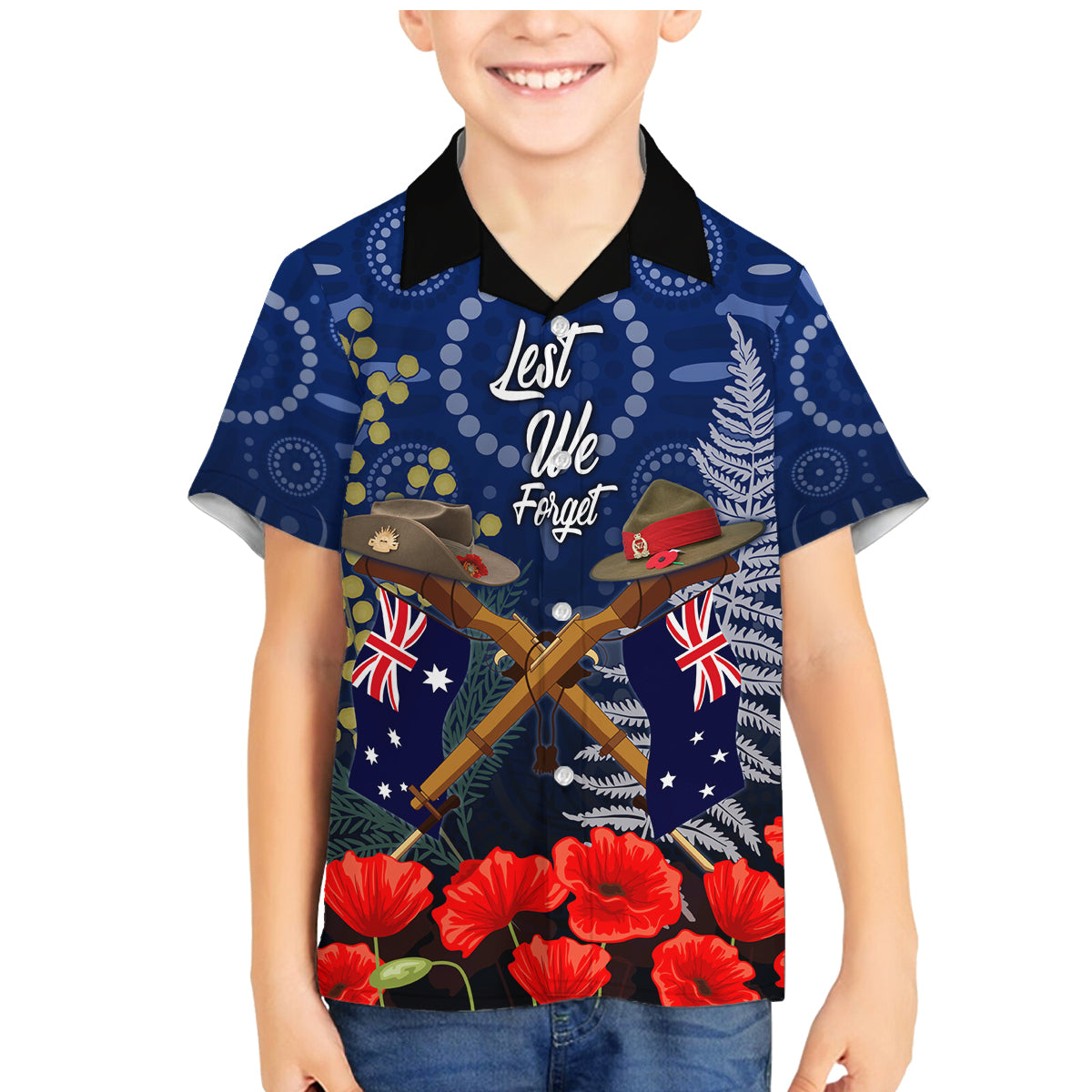 Anzac Family Matching Mermaid Dress and Hawaiian Shirt Australia Aboriginal Mix New Zealand Slouch Hats LT7 Son's Shirt Blue - Polynesian Pride