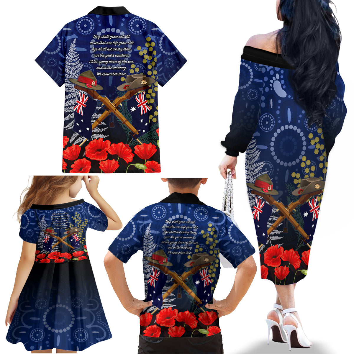 Anzac Family Matching Off Shoulder Long Sleeve Dress and Hawaiian Shirt Australia Aboriginal Mix New Zealand Slouch Hats LT7 - Polynesian Pride