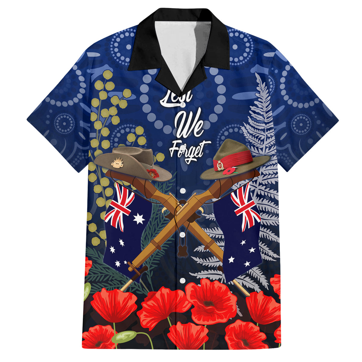 Anzac Family Matching Off Shoulder Maxi Dress and Hawaiian Shirt Australia Aboriginal Mix New Zealand Slouch Hats LT7 Dad's Shirt - Short Sleeve Blue - Polynesian Pride