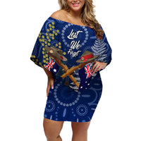 Anzac Family Matching Off Shoulder Short Dress and Hawaiian Shirt Australia Aboriginal Mix New Zealand Slouch Hats LT7 Mom's Dress Blue - Polynesian Pride