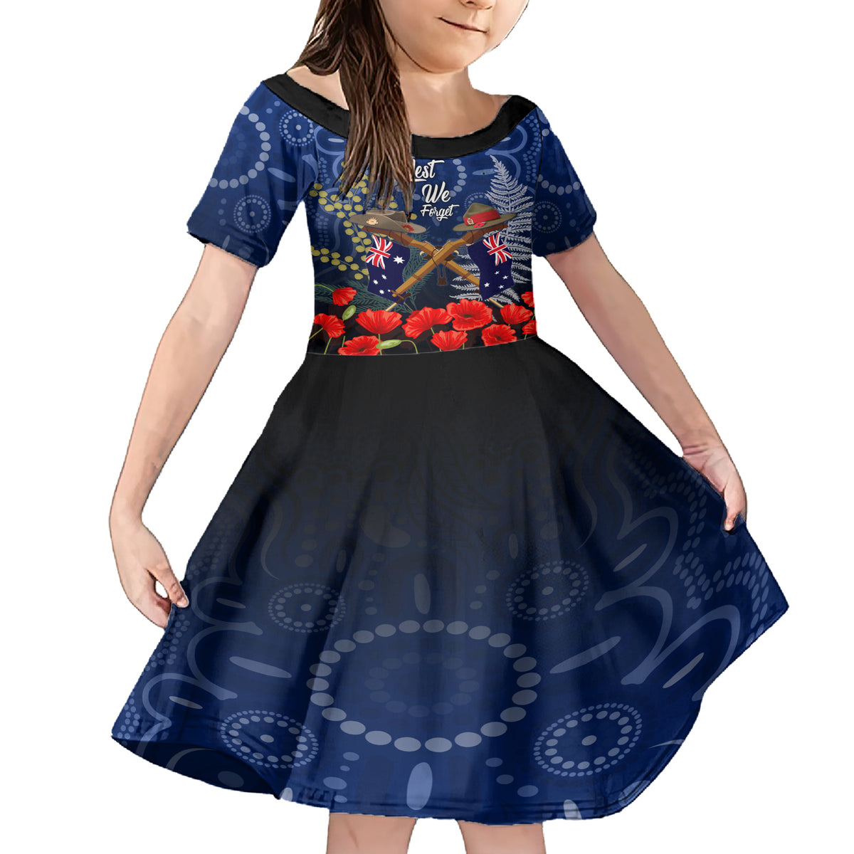 Anzac Family Matching Short Sleeve Bodycon Dress and Hawaiian Shirt Australia Aboriginal Mix New Zealand Slouch Hats LT7 Daughter's Dress Blue - Polynesian Pride