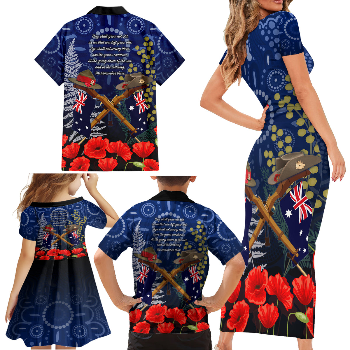 Anzac Family Matching Short Sleeve Bodycon Dress and Hawaiian Shirt Australia Aboriginal Mix New Zealand Slouch Hats LT7 - Polynesian Pride