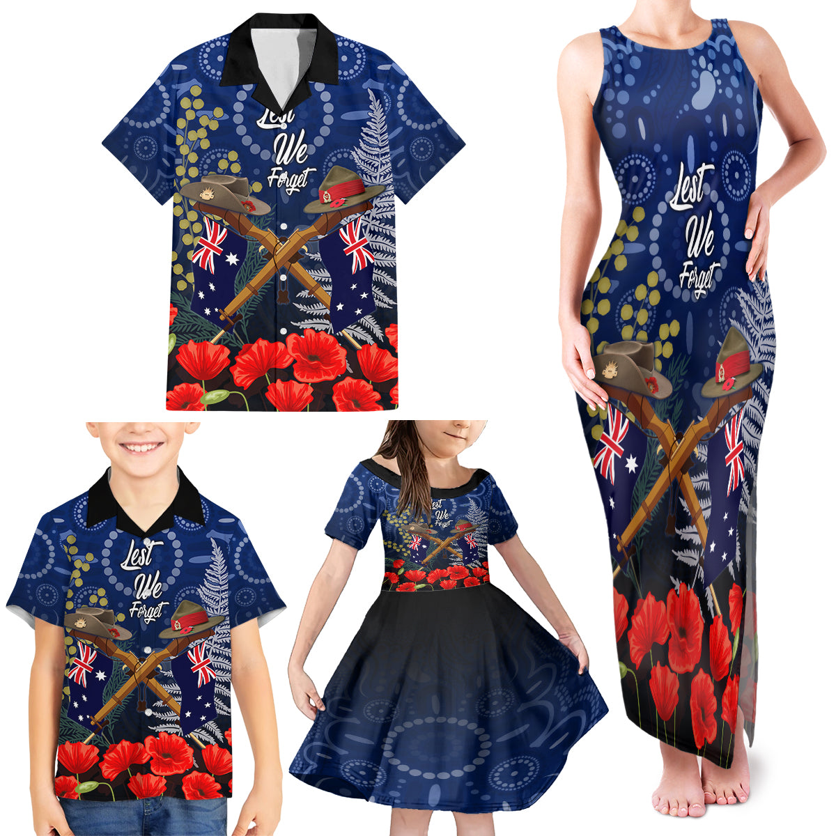 Anzac Family Matching Tank Maxi Dress and Hawaiian Shirt Australia Aboriginal Mix New Zealand Slouch Hats LT7 - Polynesian Pride