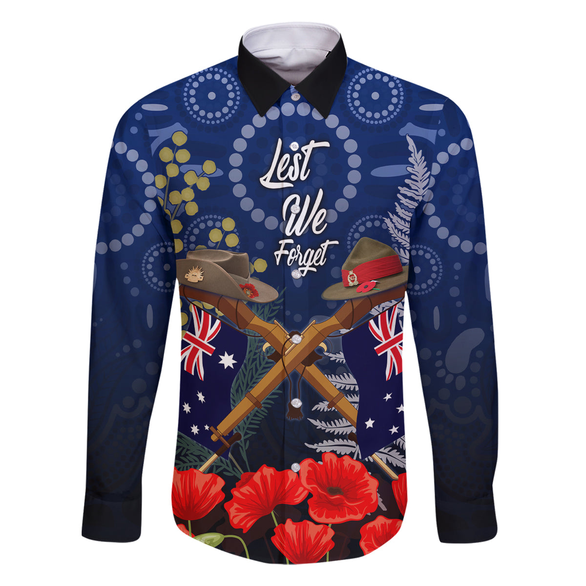 Anzac Family Matching Tank Maxi Dress and Hawaiian Shirt Australia Aboriginal Mix New Zealand Slouch Hats LT7 Dad's Shirt - Long Sleeve Blue - Polynesian Pride