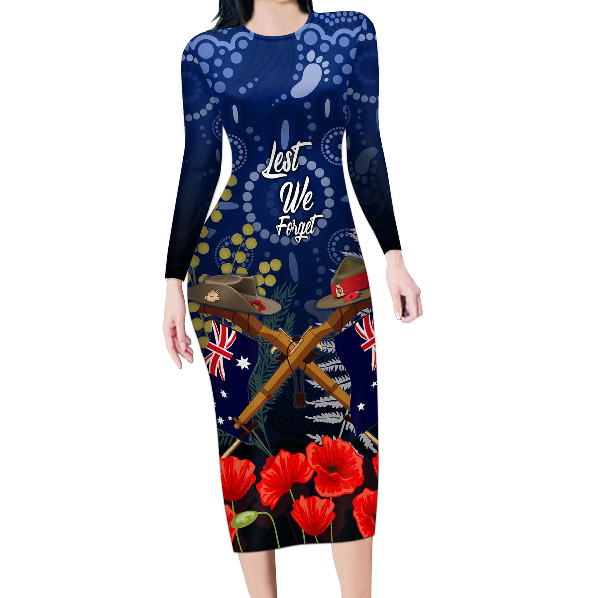 Anzac Long Sleeve Bodycon Dress Australia Aboriginal Mix New Zealand Slouch Hats LT7 Long Dress Blue - Polynesian Pride