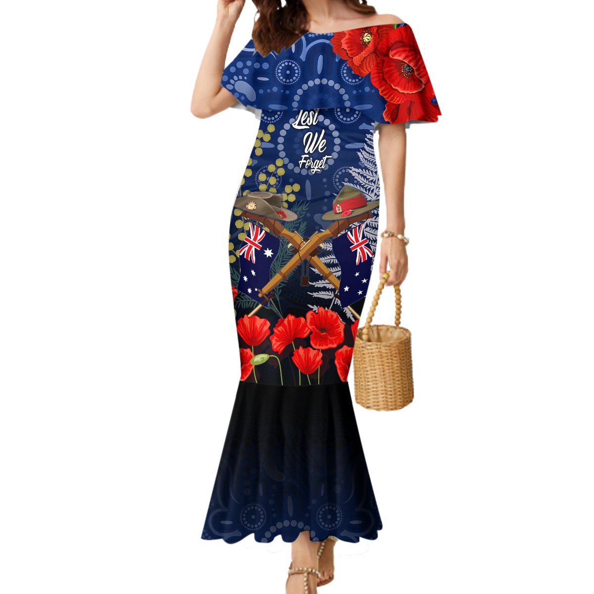 Anzac Mermaid Dress Australia Aboriginal Mix New Zealand Slouch Hats LT7 Women Blue - Polynesian Pride