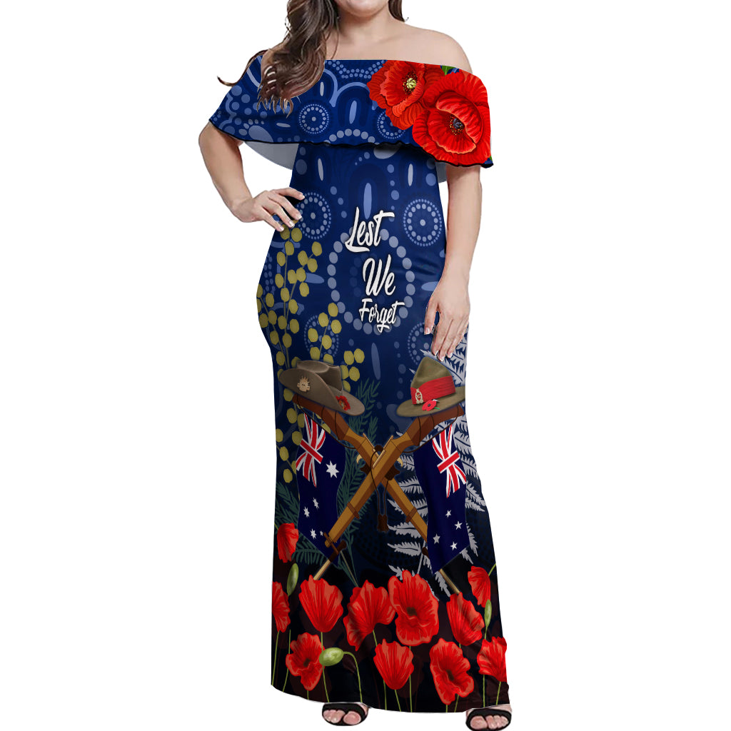 Anzac Off Shoulder Maxi Dress Australia Aboriginal Mix New Zealand Slouch Hats LT7 Women Blue - Polynesian Pride