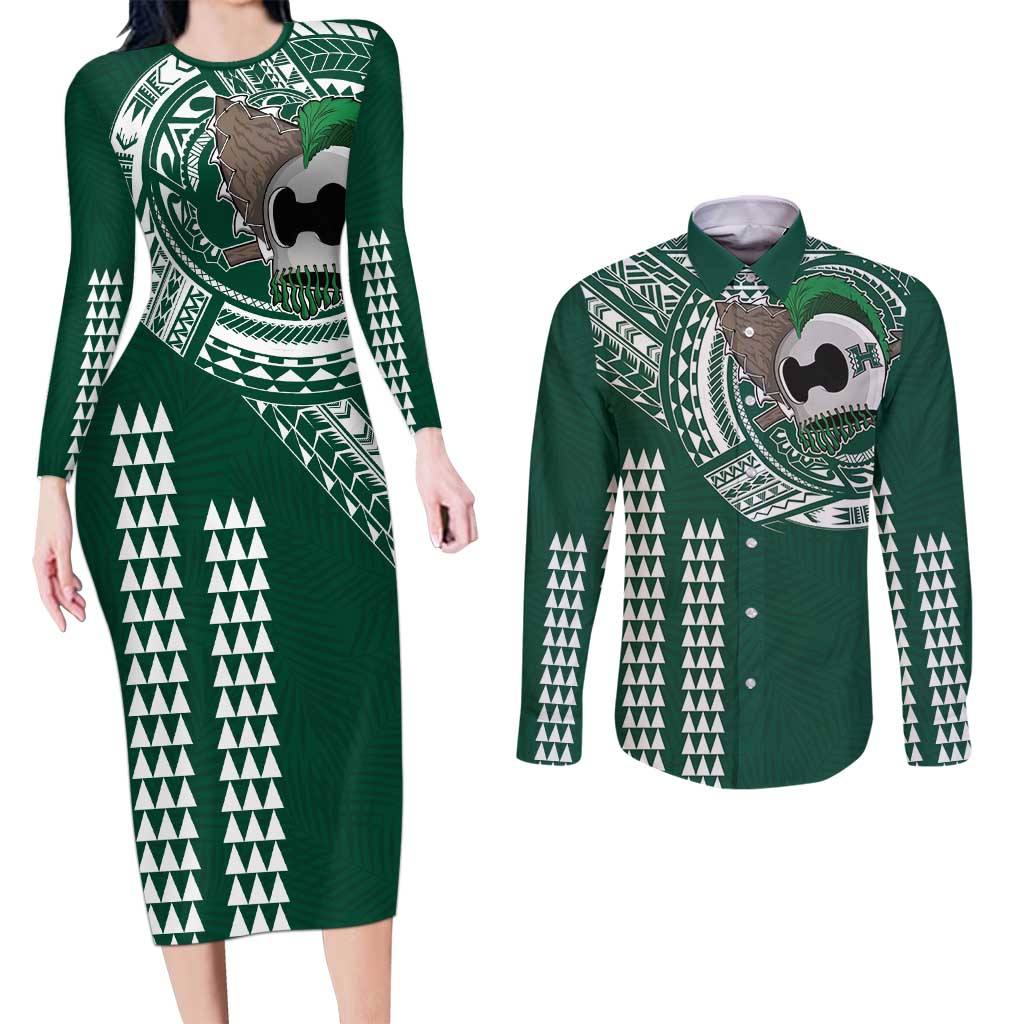 Hawaii Rainbow Warriors Personalized Couples Matching Long Sleeve Bodycon Dress and Long Sleeve Button Shirt Kakau Ikaika Laau Pama LT7 Green - Polynesian Pride
