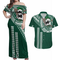 Hawaii Rainbow Warriors Personalized Couples Matching Off Shoulder Maxi Dress and Hawaiian Shirt Kakau Ikaika Laau Pama LT7 Green - Polynesian Pride