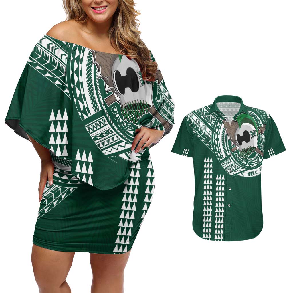 Hawaii Rainbow Warriors Personalized Couples Matching Off Shoulder Short Dress and Hawaiian Shirt Kakau Ikaika Laau Pama LT7 Green - Polynesian Pride