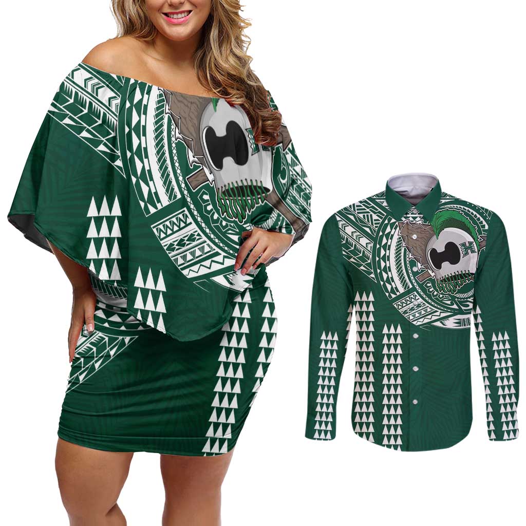 Hawaii Rainbow Warriors Personalized Couples Matching Off Shoulder Short Dress and Long Sleeve Button Shirt Kakau Ikaika Laau Pama LT7 Green - Polynesian Pride