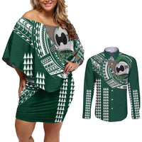 Hawaii Rainbow Warriors Personalized Couples Matching Off Shoulder Short Dress and Long Sleeve Button Shirt Kakau Ikaika Laau Pama LT7 Green - Polynesian Pride