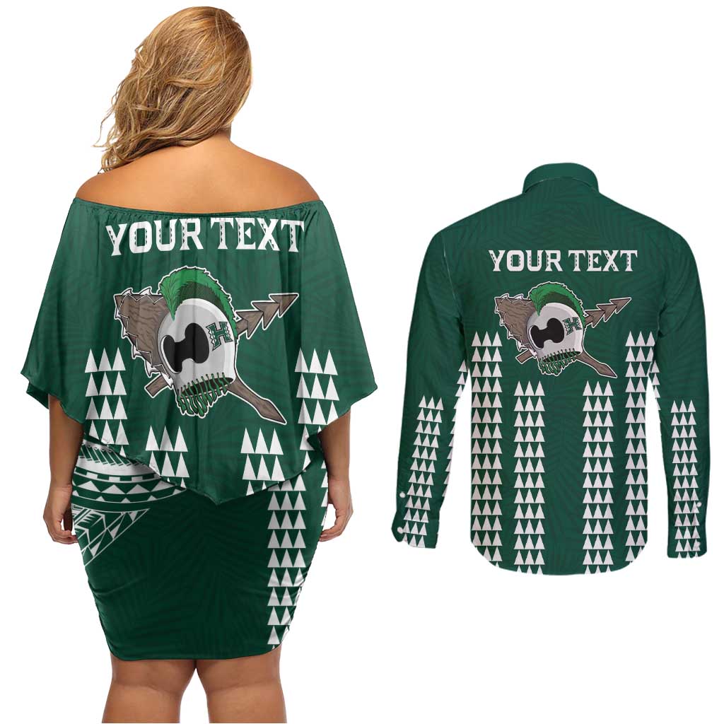 Hawaii Rainbow Warriors Personalized Couples Matching Off Shoulder Short Dress and Long Sleeve Button Shirt Kakau Ikaika Laau Pama LT7 - Polynesian Pride