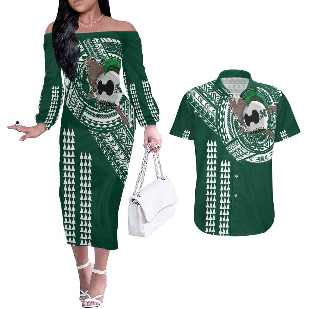 Hawaii Rainbow Warriors Personalized Couples Matching Off The Shoulder Long Sleeve Dress and Hawaiian Shirt Kakau Ikaika Laau Pama LT7 Green - Polynesian Pride