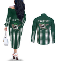Hawaii Rainbow Warriors Personalized Couples Matching Off The Shoulder Long Sleeve Dress and Long Sleeve Button Shirt Kakau Ikaika Laau Pama LT7 - Polynesian Pride
