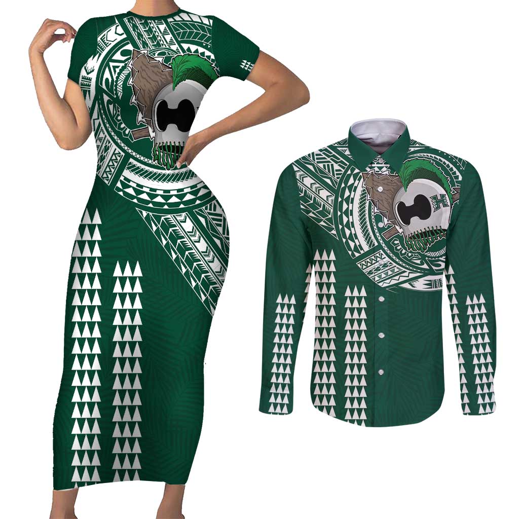 Hawaii Rainbow Warriors Personalized Couples Matching Short Sleeve Bodycon Dress and Long Sleeve Button Shirt Kakau Ikaika Laau Pama LT7 Green - Polynesian Pride