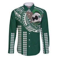Hawaii Rainbow Warriors Personalized Family Matching Off Shoulder Maxi Dress and Hawaiian Shirt Kakau Ikaika Laau Pama LT7 Dad's Shirt - Long Sleeve Green - Polynesian Pride