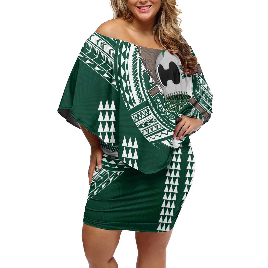 Hawaii Rainbow Warriors Personalized Family Matching Off Shoulder Short Dress and Hawaiian Shirt Kakau Ikaika Laau Pama LT7 Mom's Dress Green - Polynesian Pride