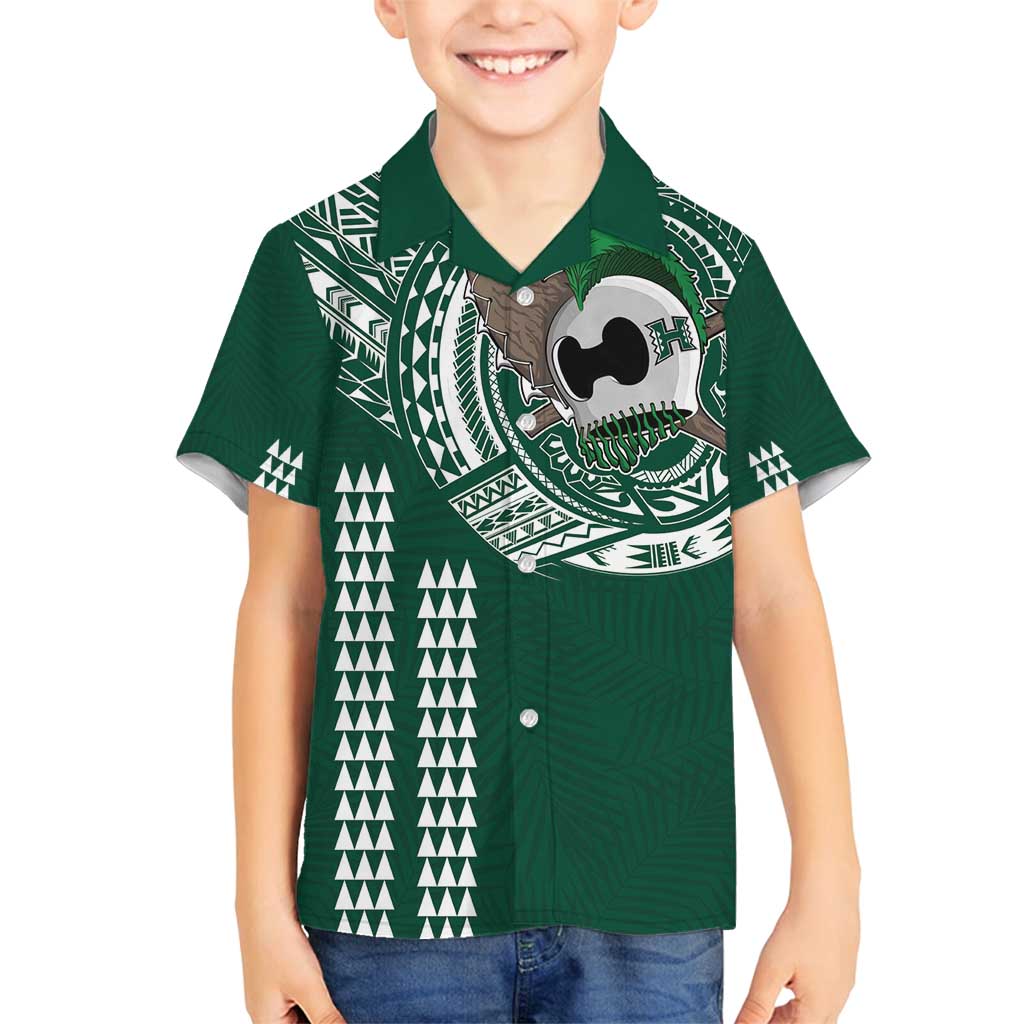 Hawaii Rainbow Warriors Personalized Family Matching Off Shoulder Short Dress and Hawaiian Shirt Kakau Ikaika Laau Pama LT7 Son's Shirt Green - Polynesian Pride