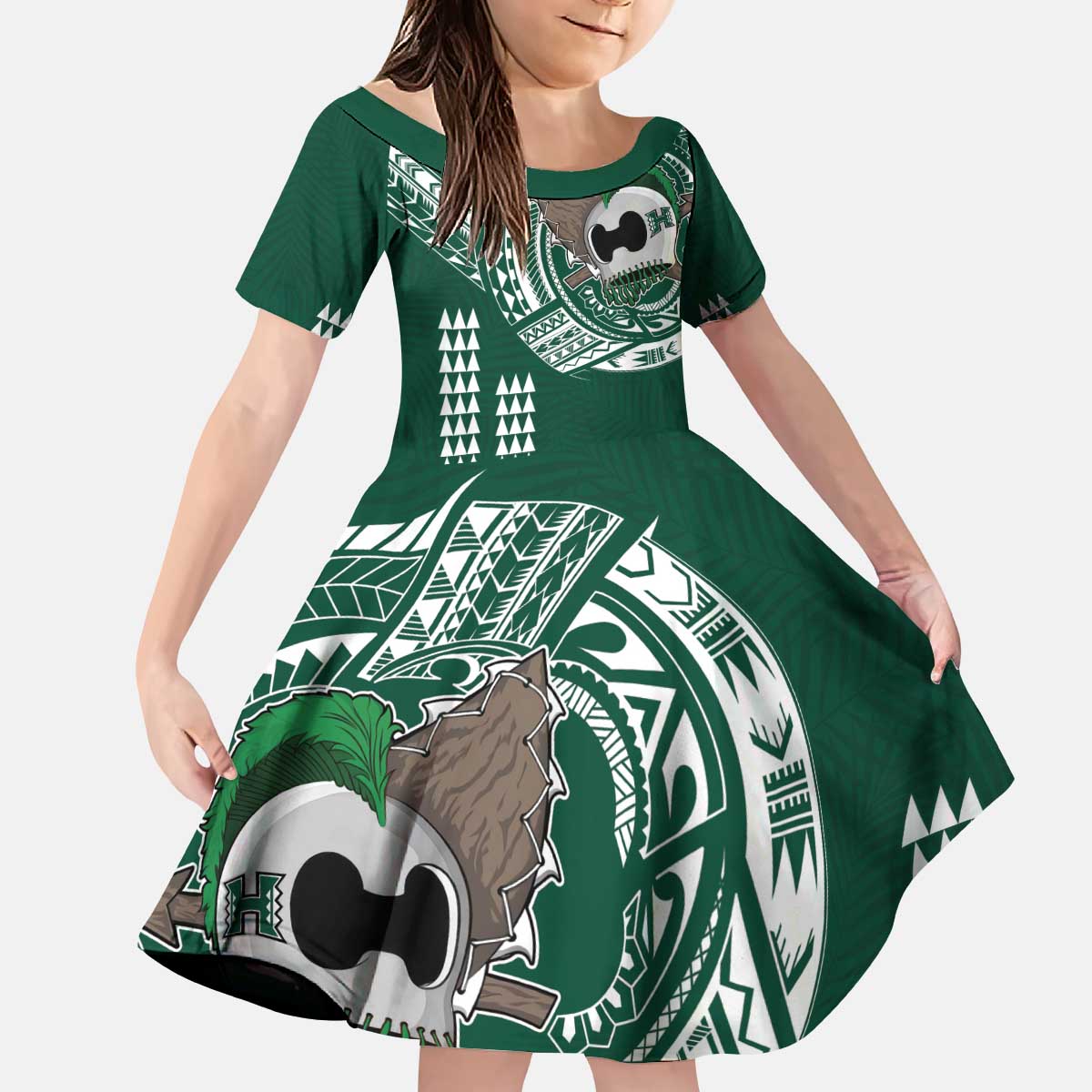 Hawaii Rainbow Warriors Personalized Kid Short Sleeve Dress Kakau Ikaika Laau Pama LT7 KID Green - Polynesian Pride