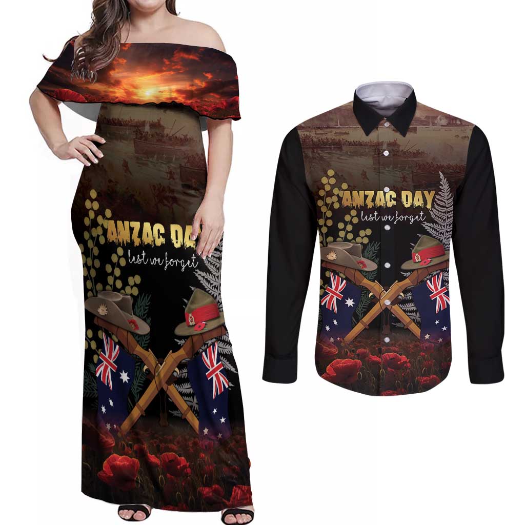 Australia - New Zealand ANZAC Couples Matching Off Shoulder Maxi Dress and Long Sleeve Button Shirt Gallipoli ANZAC Cove Landing LT7 Black - Polynesian Pride